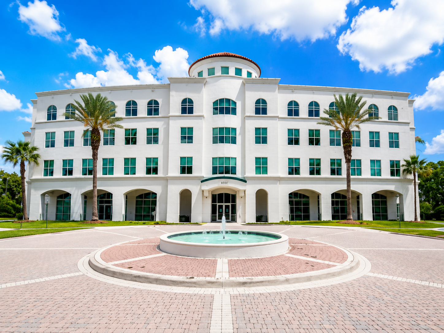 Doral Office Plaza fountain arrival and Mediterranean facade